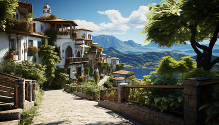 Tranquil scene Asturias mountain range, old building, green forest, sunset generated by artificial intelligenceの素材