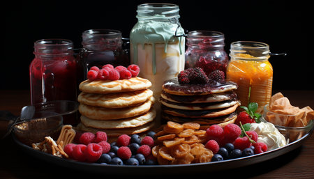 Freshness on a wood table Raspberry pancake, homemade syrup, gourmet dessert generated by artificial intelligenceの素材