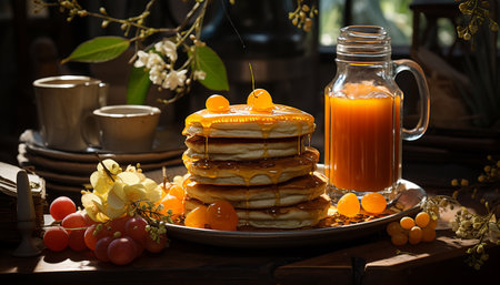 Freshness on a wooden table, pancake stack with homemade syrup generated by artificial intelligenceの素材