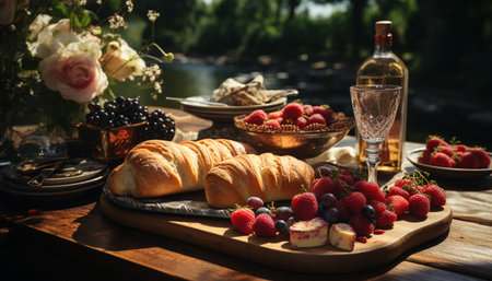 Freshness and sweetness on a rustic wooden table, summer berries delight generated by artificial intelligenceの素材