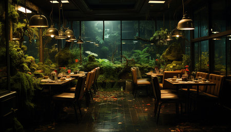 Indoor dining, surrounded by nature, enjoying seafood in elegant decor generated by artificial intelligenceの素材