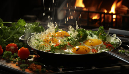 Freshness and heat combine in a gourmet vegetarian grilled tomato salad generated by artificial intelligenceの素材