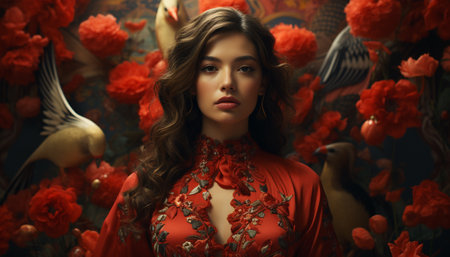 Beautiful woman in traditional clothing, looking at camera with elegance generated by artificial intelligenceの素材