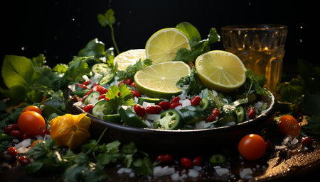 Freshness of nature bounty healthy salad, organic vegetables, and citrus generated by artificial intelligenceの素材