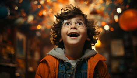 A joyful boy, illuminated by street light, smiles at camera generated by artificial intelligenceの素材