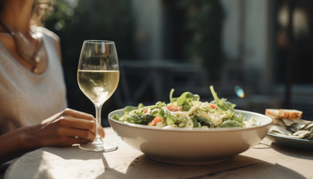 Two women sitting at a table, enjoying a healthy vegetarian meal generated by artificial intelligenceの素材