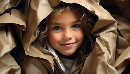 Smiling child portrait, cheerful Caucasian girl looking at camera generated by artificial intelligenceの素材