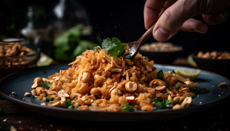 A plate of gourmet, healthy, vegetarian risotto with fresh vegetables generated by artificial intelligenceの素材