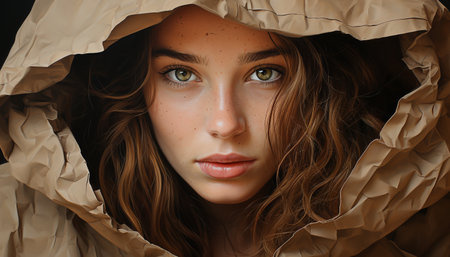 Beautiful young woman with long wet brown hair looking at camera generated by artificial intelligenceの素材