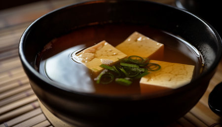 Freshness and heat combine in a gourmet vegetarian tofu soup generated by artificial intelligenceの素材
