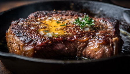 Grilled steak, juicy and tender, ready to eat on plate generated by artificial intelligenceの素材
