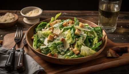 Fresh, healthy salad on a wooden plate, perfect for lunch generated by artificial intelligenceの素材