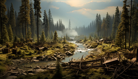 Tranquil scene of a mountain range, reflecting in a peaceful pond generated by artificial intelligenceの素材