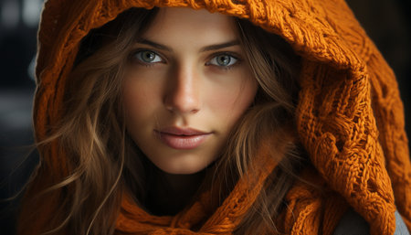 Beautiful young woman looking at camera with confidence and elegance generated by artificial intelligenceの素材