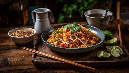 Freshness and spice on a wooden table, a gourmet healthy meal generated by artificial intelligenceの素材