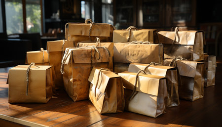 A large stack of gift boxes on a table indoors generated by artificial intelligenceの素材