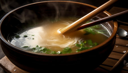 A steaming bowl of homemade miso soup with fresh seafood generated by artificial intelligenceの素材