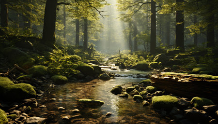 Tranquil scene of a wet autumn forest, beauty in nature generated by artificial intelligenceの素材
