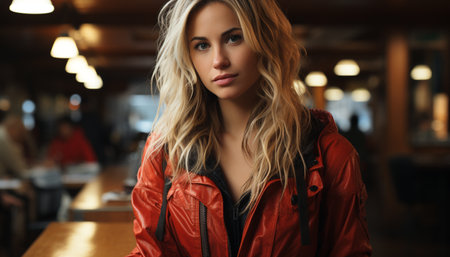 A confident young woman, sitting indoors, looking at camera, smiling generated by artificial intelligenceの素材