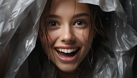 Smiling wet women portrait, happiness cheerful rain looking at camera generated by artificial intelligenceの素材