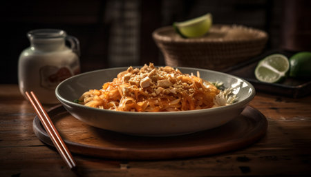 Freshness and gourmet meal on a wooden table, cooked to perfection generated by artificial intelligenceの素材