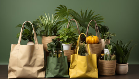 Green bag holds nature gift, a leafy packet of freshness generated by artificial intelligenceの素材