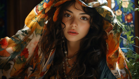 Beautiful woman with long brown hair, looking at camera, exuding elegance and sensuality generated by artificial intelligenceの素材