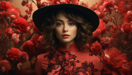 Beautiful woman in nature, fashion model with elegance and sensuality generated by artificial intelligenceの素材