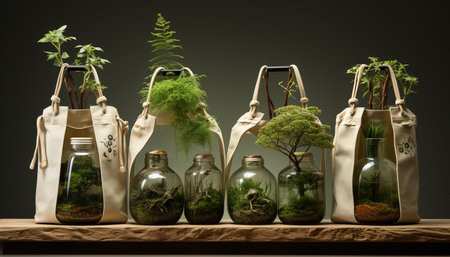 Fresh green leaves grow in a plant bag, symbolizing nature growth generated by artificial intelligenceの素材