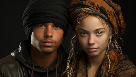 Beautiful people in traditional clothing looking at camera with confidence generated by artificial intelligenceの素材