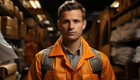 A confident young man working in a warehouse, looking at camera generated by artificial intelligenceの素材