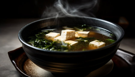 Steamed tofu bowl, a healthy vegetarian meal with fresh wakame generated by artificial intelligenceの素材