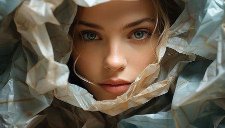 Beautiful young woman with brown hair, looking at camera confidently generated by artificial intelligenceの素材