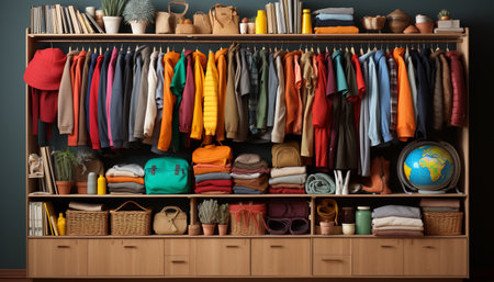 Large collection of clothing hanging neatly in a modern closet generated by artificial intelligenceの素材