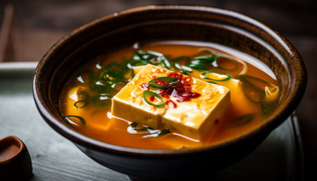 Freshness and heat combine in a gourmet bowl of homemade soup generated by artificial intelligenceの素材