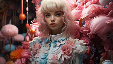 Fashionable women in elegant dresses celebrate with cute, smiling dolls generated by artificial intelligenceの素材