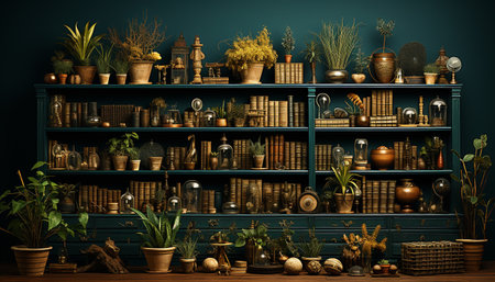 Indoors, plant, vase, shelf, decoration, wood, nature, flower pot, domestic room generated by artificial intelligenceの素材