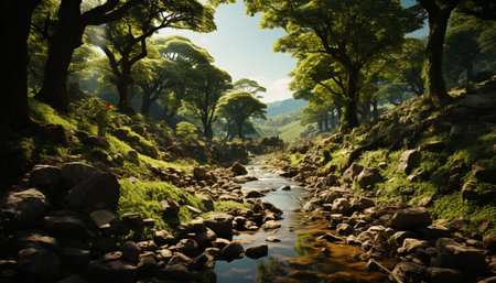 Tranquil scene: nature beauty in green landscape, flowing water, and mountains generated by artificial intelligenceの素材