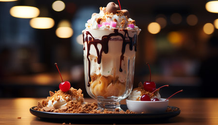 Indulgent gourmet dessert chocolate ice cream with fresh whipped cream generated by artificial intelligenceの素材