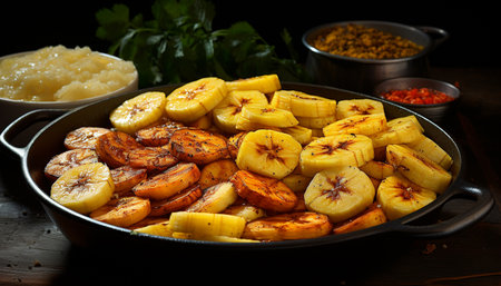 Freshness and nature on a plate, a healthy vegetarian meal generated by artificial intelligenceの素材