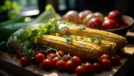 Freshness and nature on a wooden table, healthy vegetarian meal generated by artificial intelligenceの素材