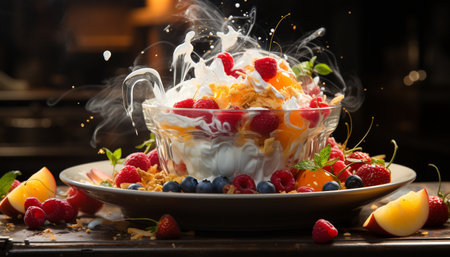 Freshness and sweetness in a bowl of homemade berry yogurt generated by artificial intelligenceの素材