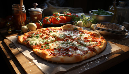 Freshness and rustic Italian culture on a wooden table, homemade pizza generated by artificial intelligenceの素材