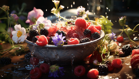 Freshness of summer berries, nature sweet and healthy gourmet dessert generated by artificial intelligenceの素材