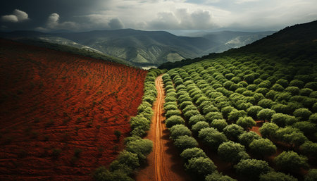 Tranquil scene mountain peak, meadow, green color, springtime blossom generated by artificial intelligenceの素材