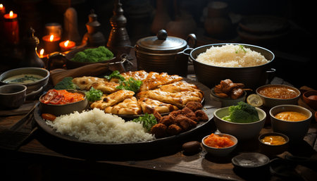 Grilled pork, steamed rice, savory sauce, fresh vegetables on plate generated by artificial intelligenceの素材