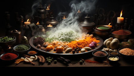 Freshness and spice enhance the heat of a gourmet meal generated by artificial intelligenceの素材