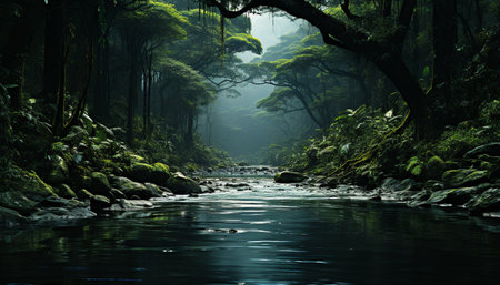 Tranquil scene nature mystery, wet leaf on green forest tree generated by artificial intelligenceの素材