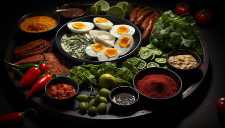 Freshness on plate grilled meat, healthy vegetables, gourmet cooking generated by artificial intelligenceの素材