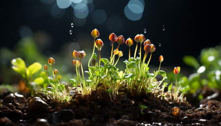 Freshness of springtime green leaves, blooming flowers, nature beauty generated by artificial intelligenceの素材